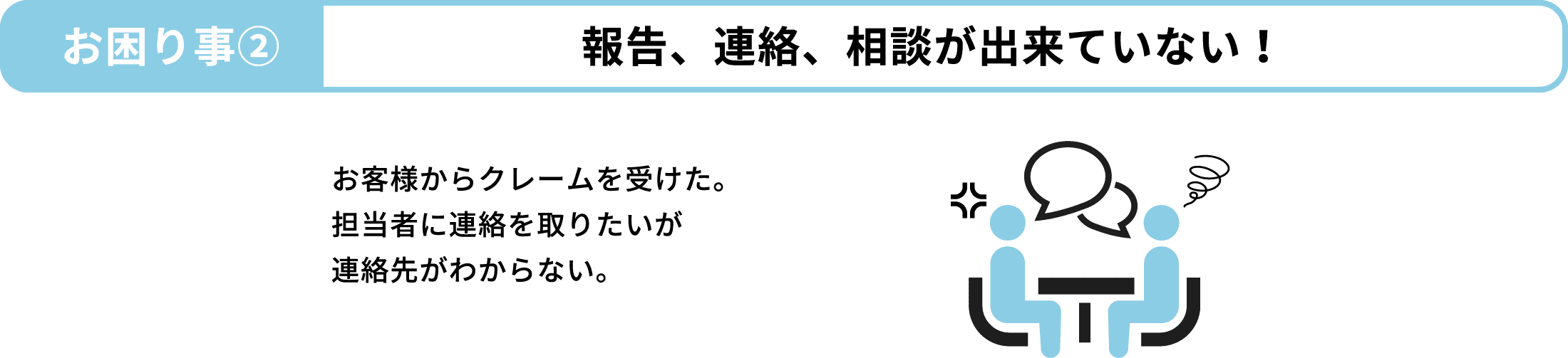 お困り事②報告、連絡、相談が出来ていない！お客様からクレームを受けた。担当者に連絡を取りたいが連絡先がわからない。