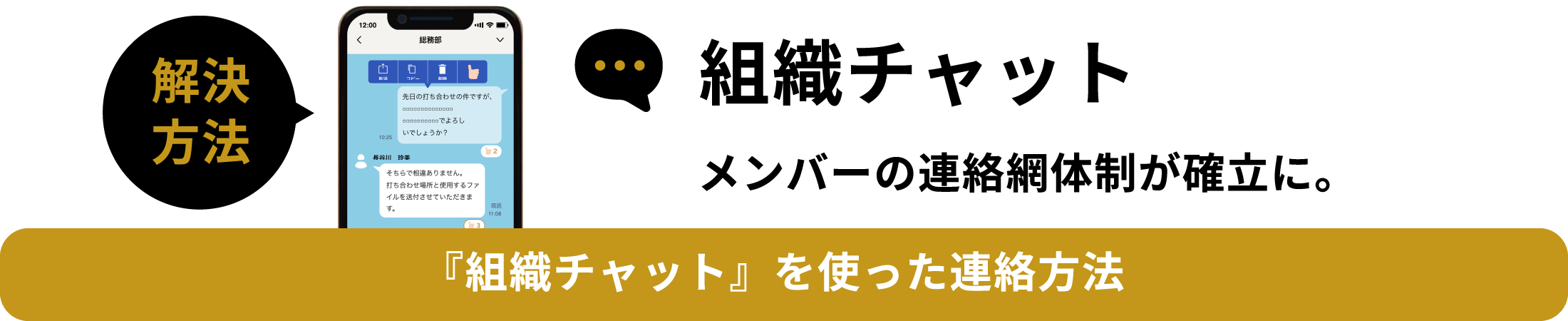 解決方法組織チャット社内の連絡網体制が確立 組織チャットを使って、組織の連絡網の確立を実現！